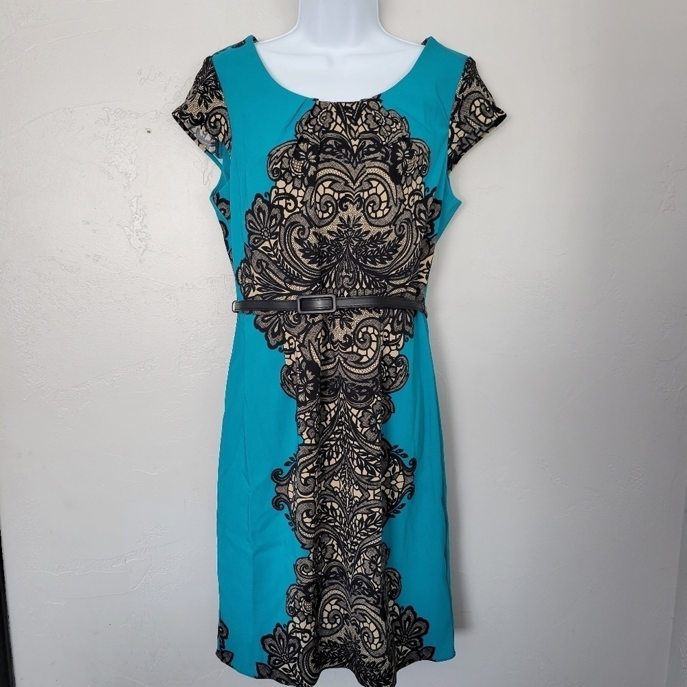 Shelby & Palmer Women's 8 Midi Dress Short Sleeve  Blue Black Cream Belted Print